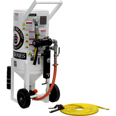 Pressure release sandblasting equipment pneumatic operated. Portable, 3.5 cu. ft., ((350 lbs.)) 150 PSI.   This is a industrial style portable sandblaster.